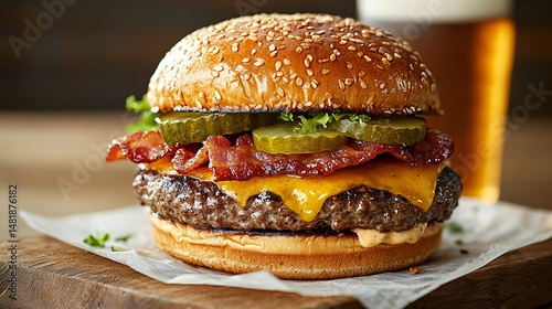 charbroiled cheeseburger with crispy bacon and pickles, sitting on parchment-lined board, beer stein with foam top placed casually in background, captured with shallow depth of field and warm