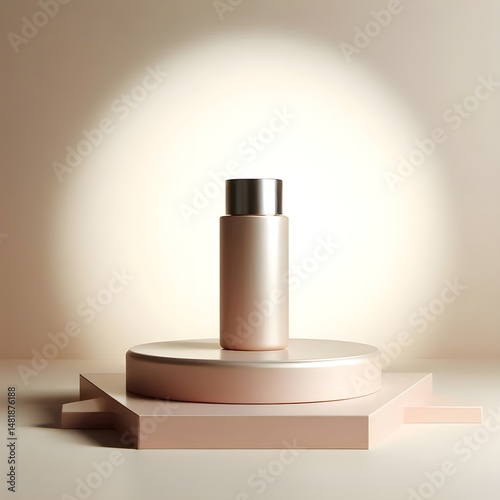 Minimalist podium on a soft, elegant background with warm neutral tones, smooth textures, and gentle shadows, perfect for displaying beauty products such as skincare or cosmetics, clean composition wi