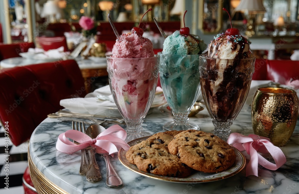 Naklejka premium Ice cream sundaes and chocolate chip cookies served in a luxurious restaurant