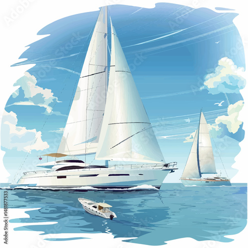 travel, illustration, nautical, boat, vector, vacation, sea, ocean, drawing, yacht, summer, sailboat, wave, marine, holiday, sail, water, landscape, seascape, design, yachting, tourism, ship, nature, 