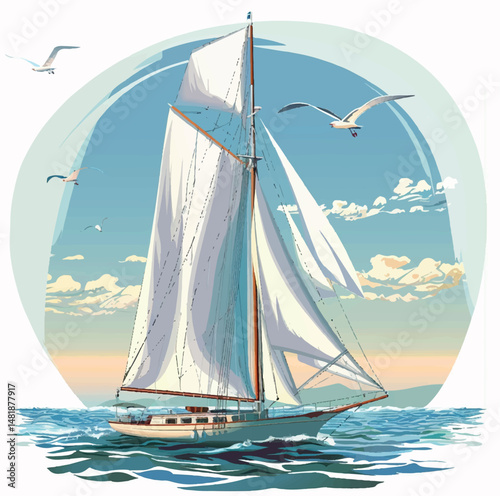 travel, illustration, nautical, boat, vector, vacation, sea, ocean, drawing, yacht, summer, sailboat, wave, marine, holiday, sail, water, landscape, seascape, design, yachting, tourism, ship, nature, 