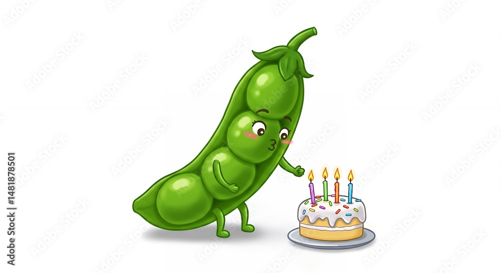 Naklejka premium Animated peas celebrating with a cake on white background