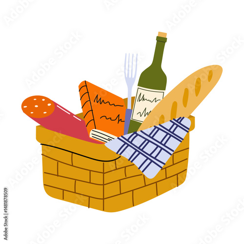 Picnic basket filled with assorted food items for an outdoor gathering in spring