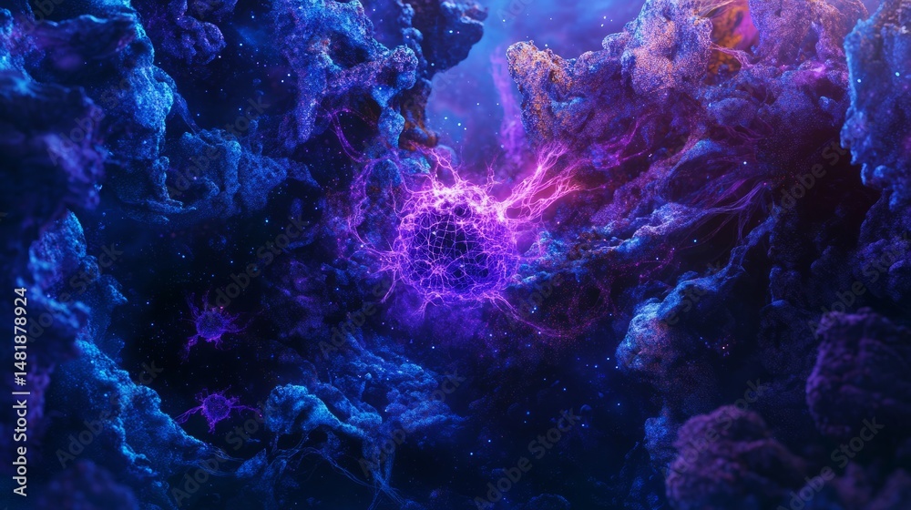 3d render of a glowing neuron in a complex neural network with abstract science background featuring purple and blue color gradient
3d render of a glowing neuron in a complex neural network with abstract science background featuring purple and blue color gradient