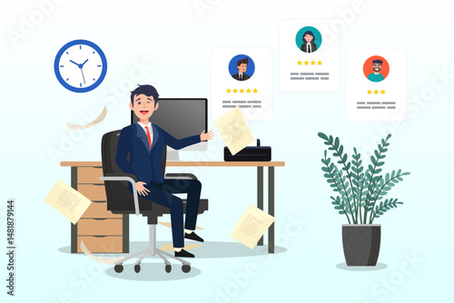 Businessman manage people with employee online application, employee management system, attendance or candidate analysis, customer management system, CRM or recruitment applicant system concept