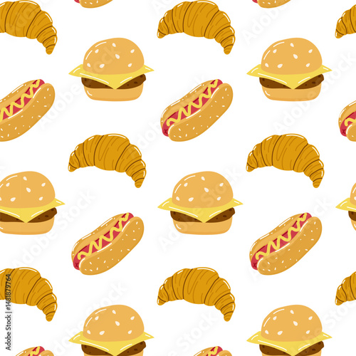 Fun pattern featuring burgers, hot dogs, and croissants on a white background