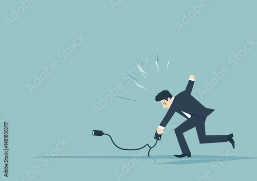 Clumsy businessman tripping over unplugged power cable while holding electric plug in minimalist flat vector style illustration of accident and mistake concept impacting business