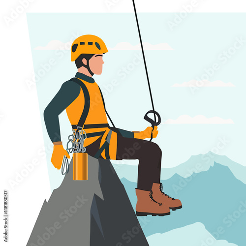 Industrial alpinist climber wearing safety gear and harness rappelling down rocky mountain cliff with distant mountain landscape background flat vector