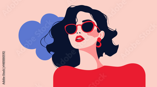 Stylish woman with red sunglasses and earrings wearing red dress minimalist flat vector portrait with wavy black hair on pastel background