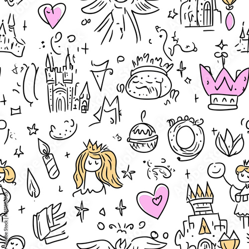 Seamless hand drawn princess doodle pattern with crowns castles hearts stars candles fairy wings and rings in minimalist flat vector style background wallpaper design
