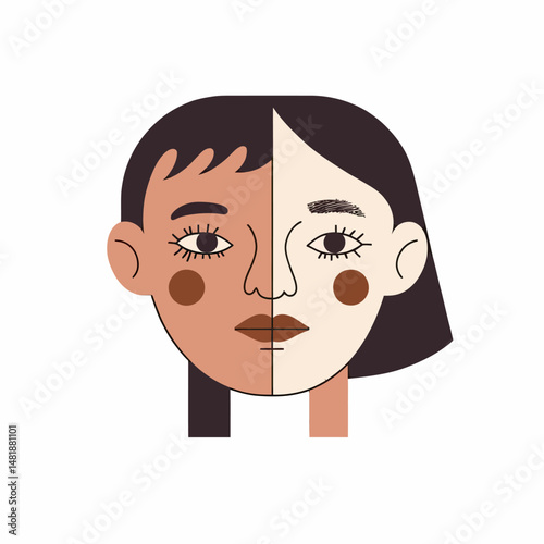 Minimalist flat vector illustration of dual tone face with brown and cream skin halves featuring abstract geometric female portrait with expressive eyes and lips