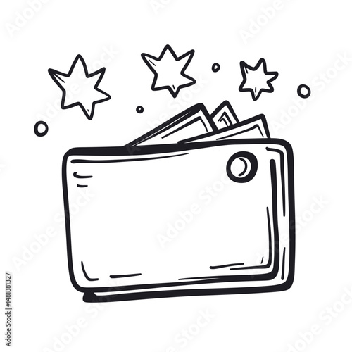 Hand drawn wallet with cash and stars doodle icon sketch style illustration symbolizing money, reward, bonus, and financial concept in minimalist vector design
