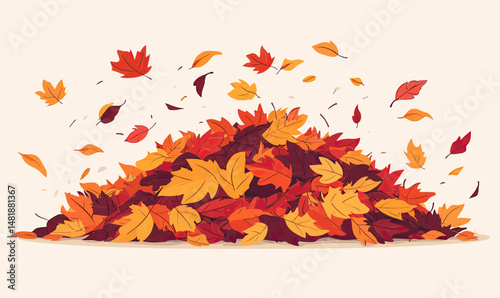 Colorful autumn leaves pile with red orange and yellow maple leaves in flat minimalist vector style isolated on light background