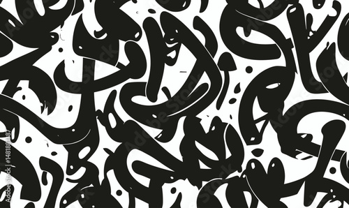 Abstract seamless pattern of black and white stylized arabic calligraphy shapes in modern minimalist flat vector design for decorative textures and backgrounds
