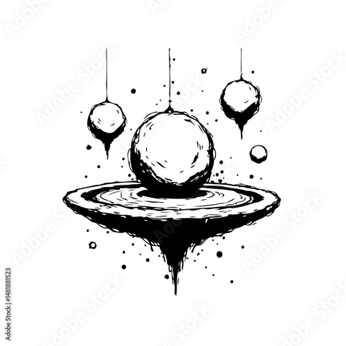 Stylized minimalist illustration of ethereal celestial bodies and floating land