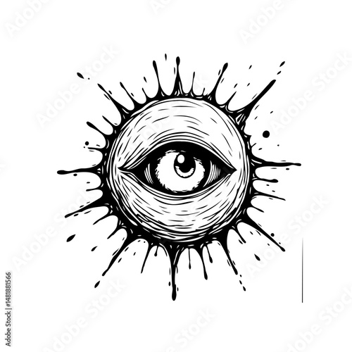 Mystic eye surrounded by radiating burst of energy in a monochrome illustration