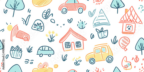Seamless hand drawn children doodle pattern with cars houses trees balloons gifts and flowers colorful vector background for preschool education and kids wallpaper design