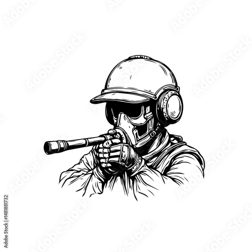 Stylized line illustration featuring a soldier equipped with mask and weapons