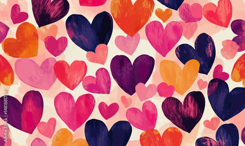 Seamless pattern of vibrant watercolor hearts in pink purple orange and red shades for romantic love background design vector illustration