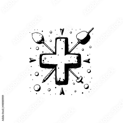 Stylized monochrome cross with artistic instruments, a concept for creativity