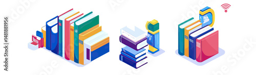 Isometric vector illustration of digital media books with wifi symbol, wireless data transfer, and bookshelves in flat minimalist style for education and knowledge concept