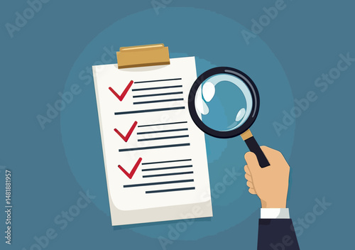 Checklist with red check marks on clipboard under magnifying glass held by business hand for quality inspection or evaluation concept vector illustration