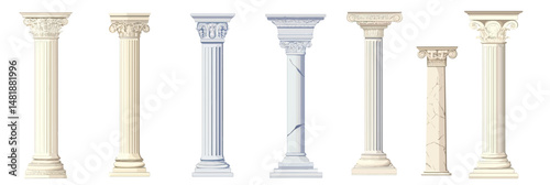 Set of seven flat minimalist vector ancient classical marble columns with Corinthian, Doric, Ionic styles and architectural cracks for building decoration design isolated on white background