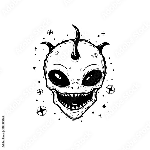 Monochrome alien skull grinning with intergalactic cosmic accents illustration