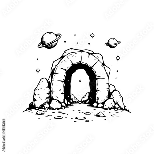 Monochromatic cosmic portal sketch with celestial bodies and rocky archway