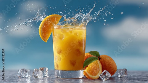 Glass of orange juice with ice cubes and a slice of orange on the side. The image conveys a refreshing and healthy vibe photo