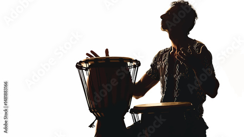 A man playing Bongo drums silhouette isolated on white background