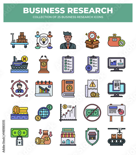 Collection of Business Research Icons: Data Analysis. Market Research. and Financial Reports