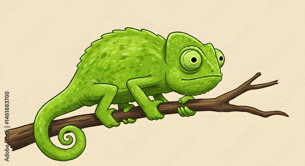 Fototapeta premium Cartoon Chameleon Resting on Branch with Big Eyes