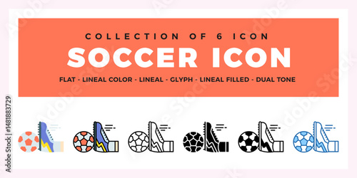 Collection of 6 Soccer Icons. Flat. Lineal. Glyph Styles