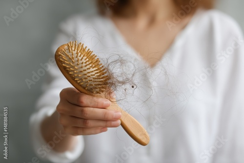 Woman Holding Hairbrush With Disintegrating Brown Hair, Closeup View of a Female photo
