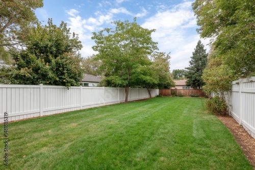 Wallpaper Mural Lush green lawn framed by white fence and trees creates serene o Torontodigital.ca
