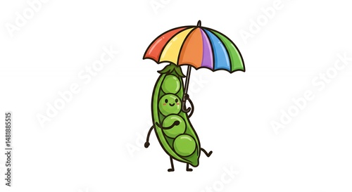 Cartoon pea pod character holding colorful umbrella isolated on white background
