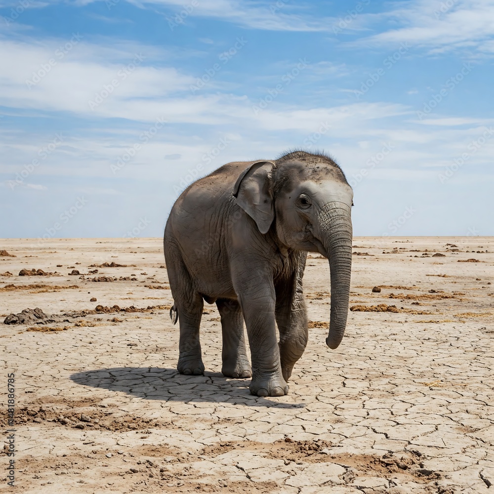 Fototapeta premium Young Elephant Standing on Parched Earth Under a Partly Cloudy Sky