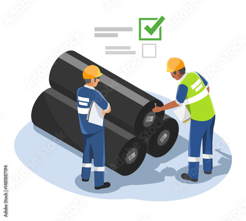 Engineers inspecting stacked HDPE geomembrane rolls at construction site to ensure proper material selection and quality control