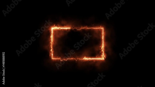A bright neon rectangular fire text frame with light animation on a black background,