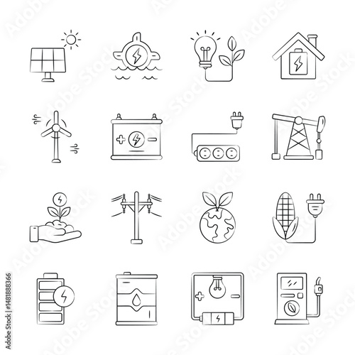 Grab hand drawn collection of sustainable power icons, ready for premium use
