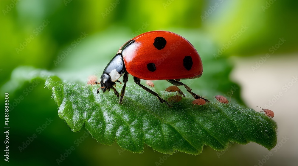 Fototapeta premium Ladybug is on a leaf, eating bugs. The ladybug is red and black. The leaf is green