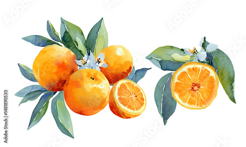 Fototapeta Naklejka Na Ścianę i Meble -  Beautiful set with watercolor fresh oranges