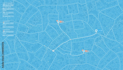 Location tracker dashboard with data of arrive. City street road with pins on map. Street roads and location, vector background. Huge city top view