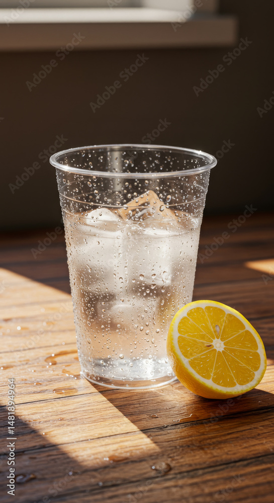 A steamed plastic cup with ice, water and lemon on a sun-drenched wooden table. Condensation droplets. The coolness of summer. A steamed plastic cup with ice, water and lemon on a sun-drenched wooden table. Condensation droplets. The coolness of summer.
