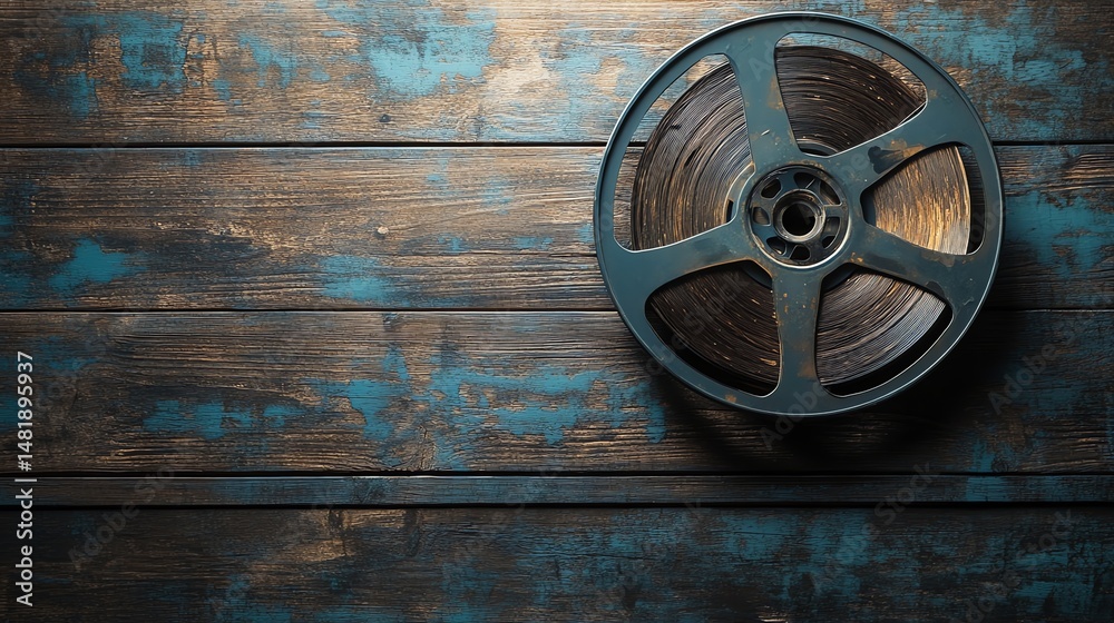 Obraz premium A vintage film reel rests on a dark wooden table.