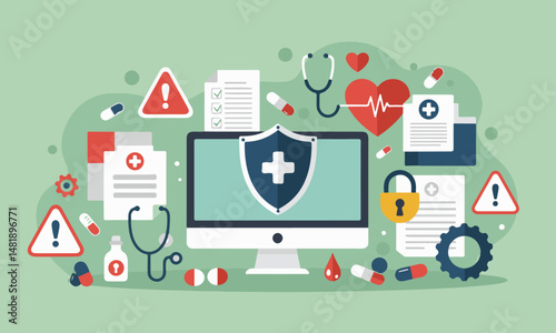 Healthcare Data Security Illustration, Illustration of healthcare data security: computer with shield and heart, surrounded by medical symbols and a padlock