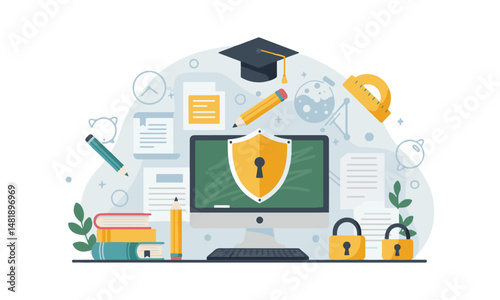 Online Education Cybersecurity Illustration : computer with a locked shield, surrounded by learning materials