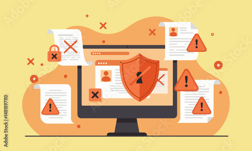 Illustration of a cyber attack: damaged shield on computer, surrounded by warnings, crossed documents, and a broken lock.