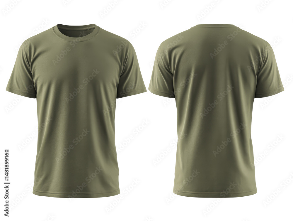 Olive Green T-Shirt Mockup with Front and Back View on Transparent Background
